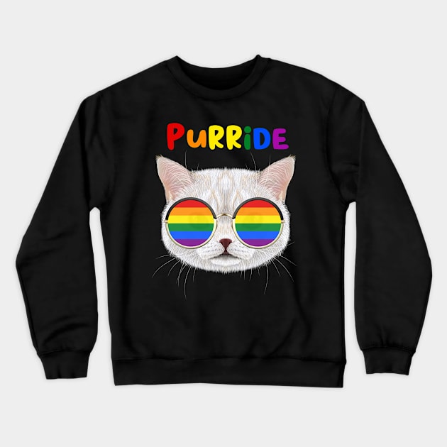 Purride Funny Cat Gay Pride Ally Rainbow Sunglasses LGBTQ Crewneck Sweatshirt by Happy Lime